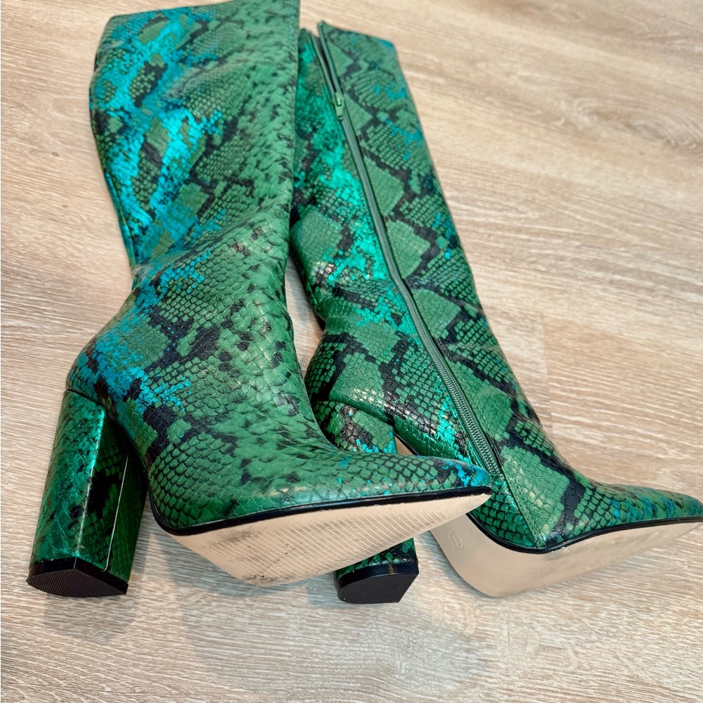 Green Snake Print High Boots